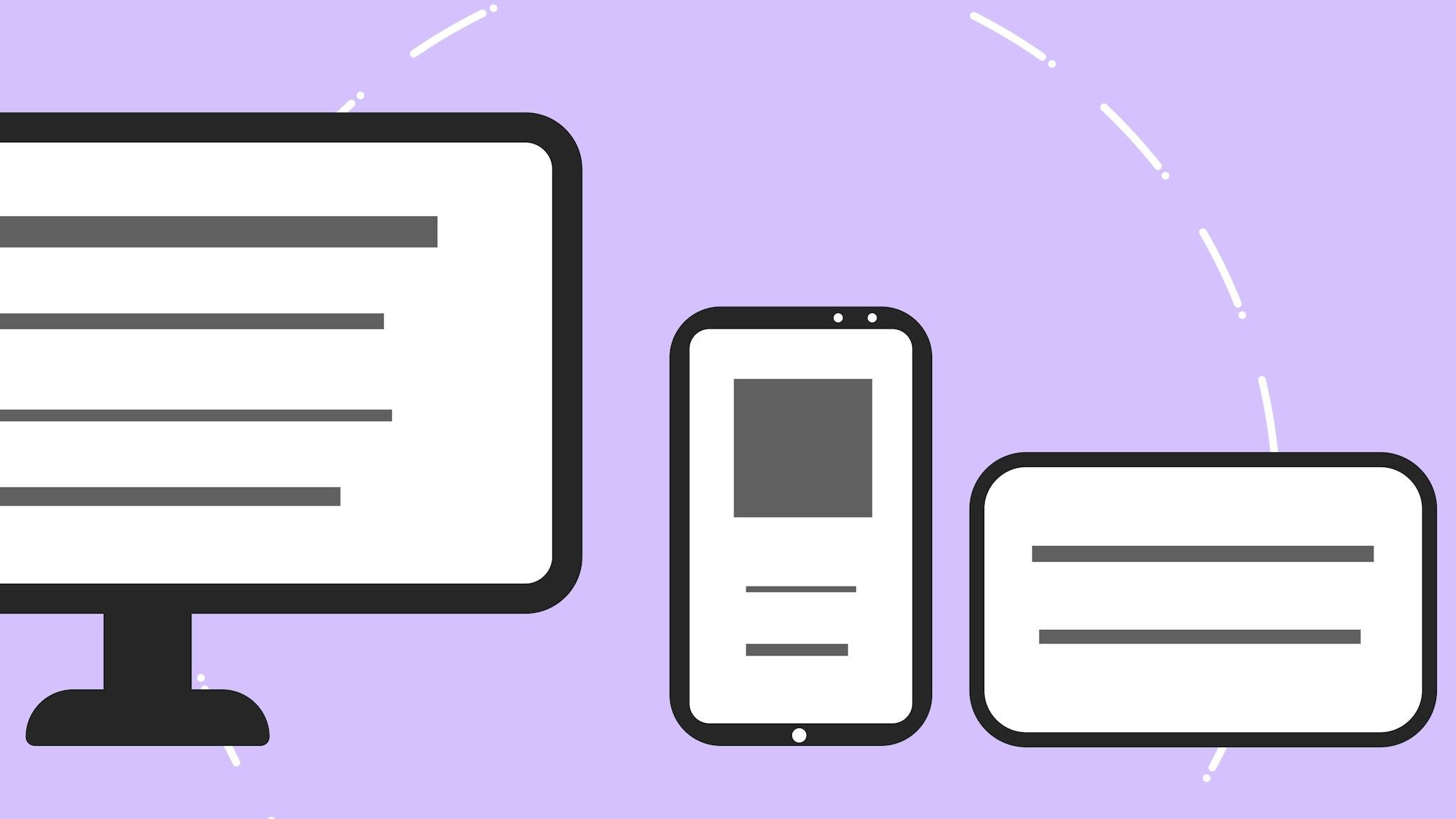 Illustration of digital devices including monitor and smartphone on a purple background.